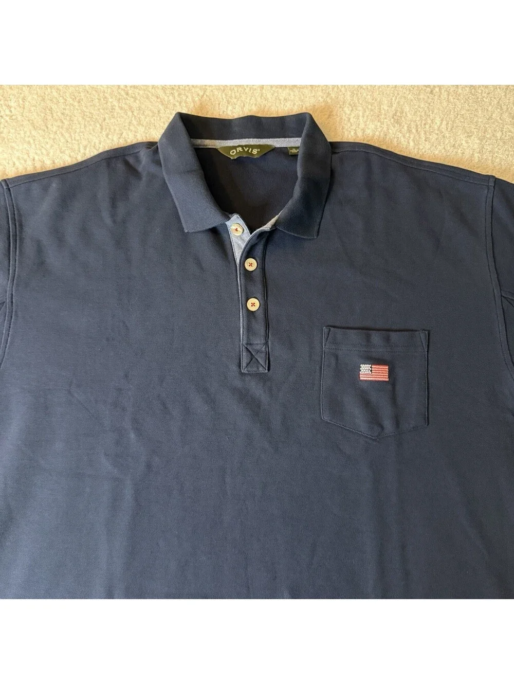 Orvis Men’s Polo Shirt Navy Blue American Flag Pocket 100% Cotton XXL